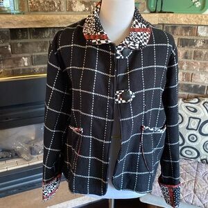 ARTISAN made jacket. Short swing style. Black checked wool blend w cotton accent